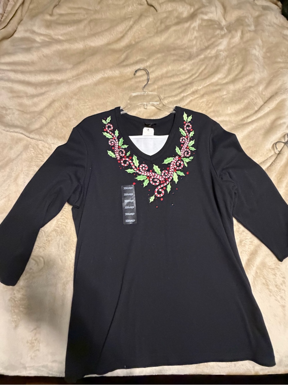Black V-Neck Embroidered Women’s Dress Top - Holiday Floral Detail